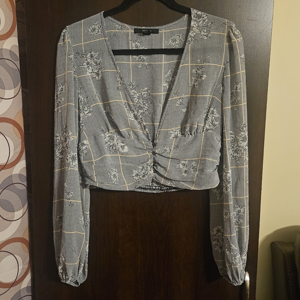 Forever 21 Checkered Floral Blouse - Black and White